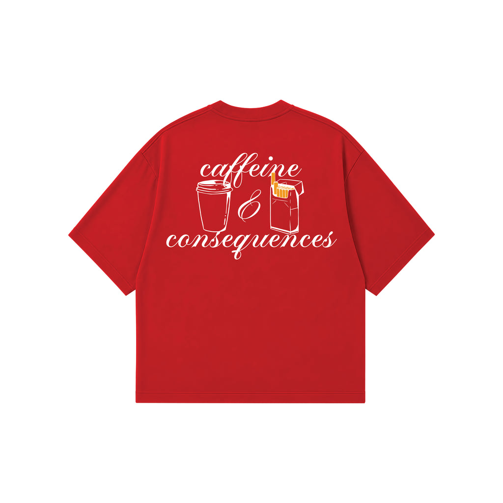 A red short-sleeve t-shirt with a graphic on the back depicting a coffee cup and a cigarette box with the white cursive text 'caffeine & consequences' on a plain white background.