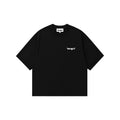 A black short-sleeve round neck t-shirt with a small white 'tangnt' logo printed on the left chest, displayed flat against a solid white background.