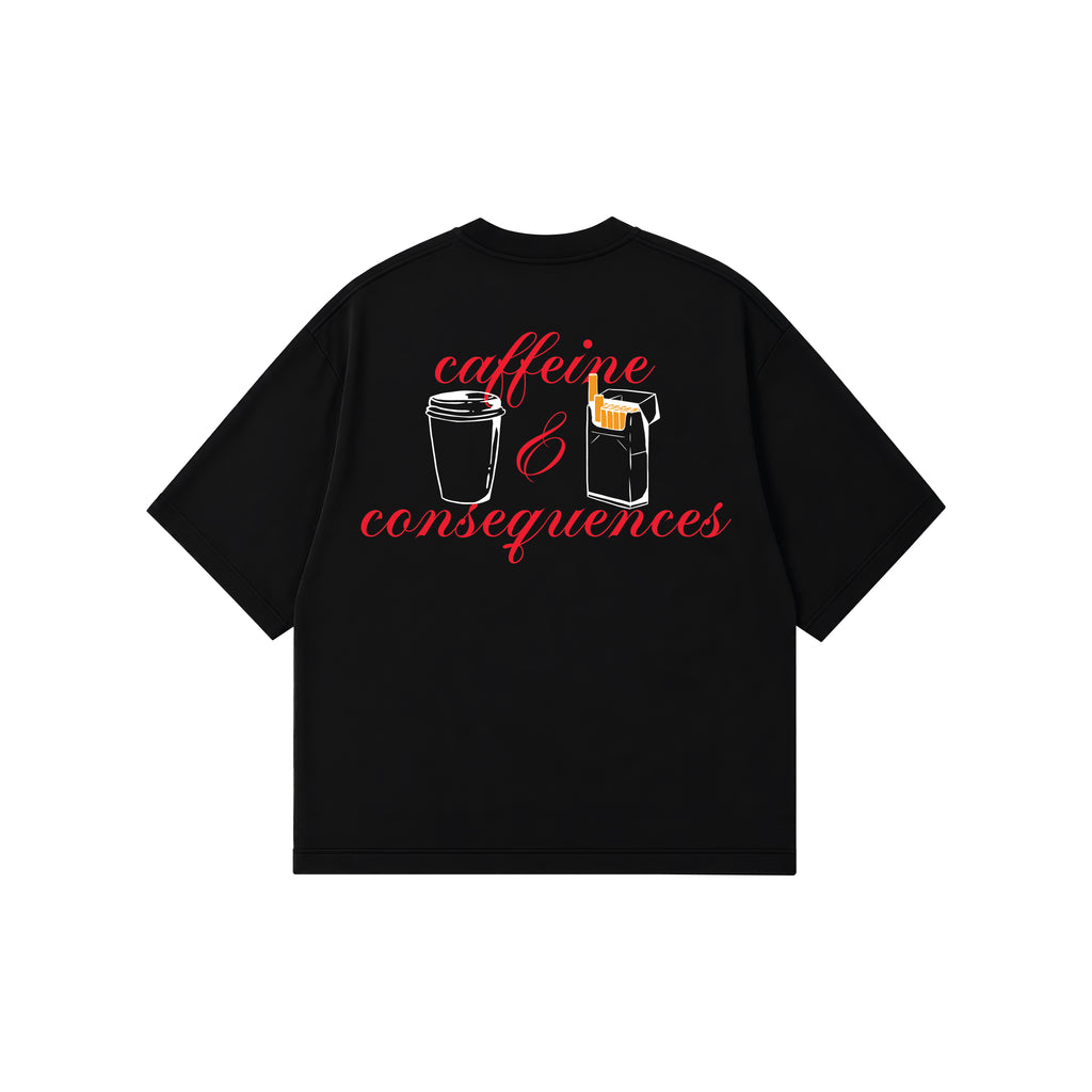 A black short-sleeve t-shirt with a graphic on the back depicting a coffee cup and a cigarette box with the red cursive text 'caffeine & consequences' on a plain white background.