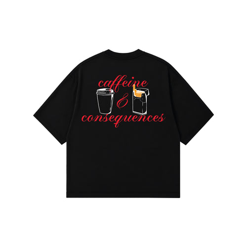 A black short-sleeve t-shirt with a graphic on the back depicting a coffee cup and a cigarette box with the red cursive text 'caffeine & consequences' on a plain white background.
