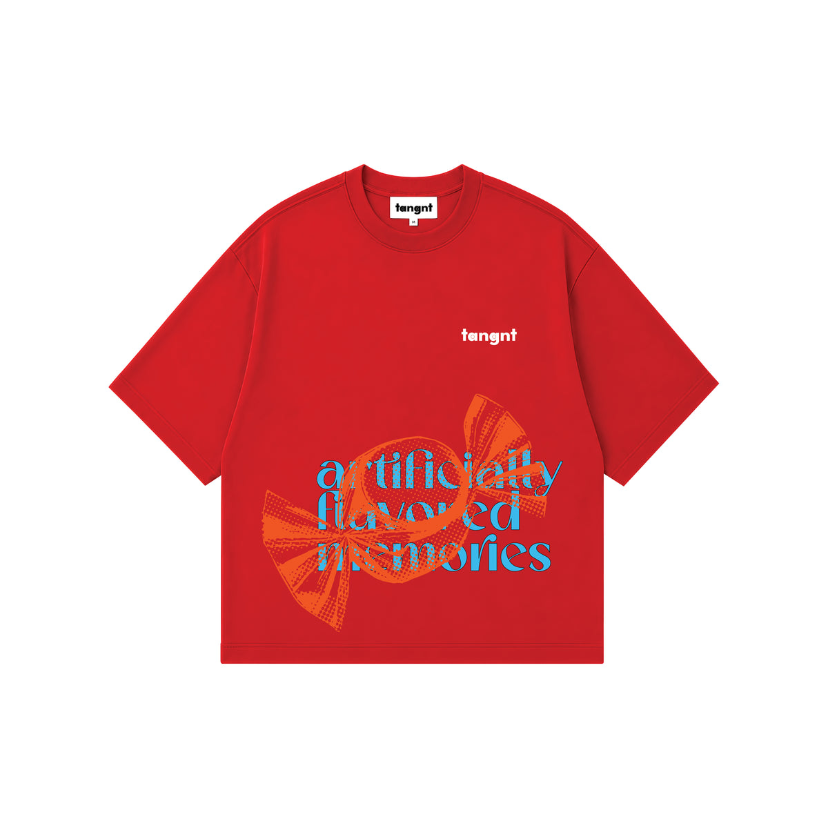 A red short-sleeve t-shirt by tangnt, featuring a graphic print of an orange striped candy and blue text reading 'artificially flavored memories' on the front, with a small black 'tangnt' logo on the chest.