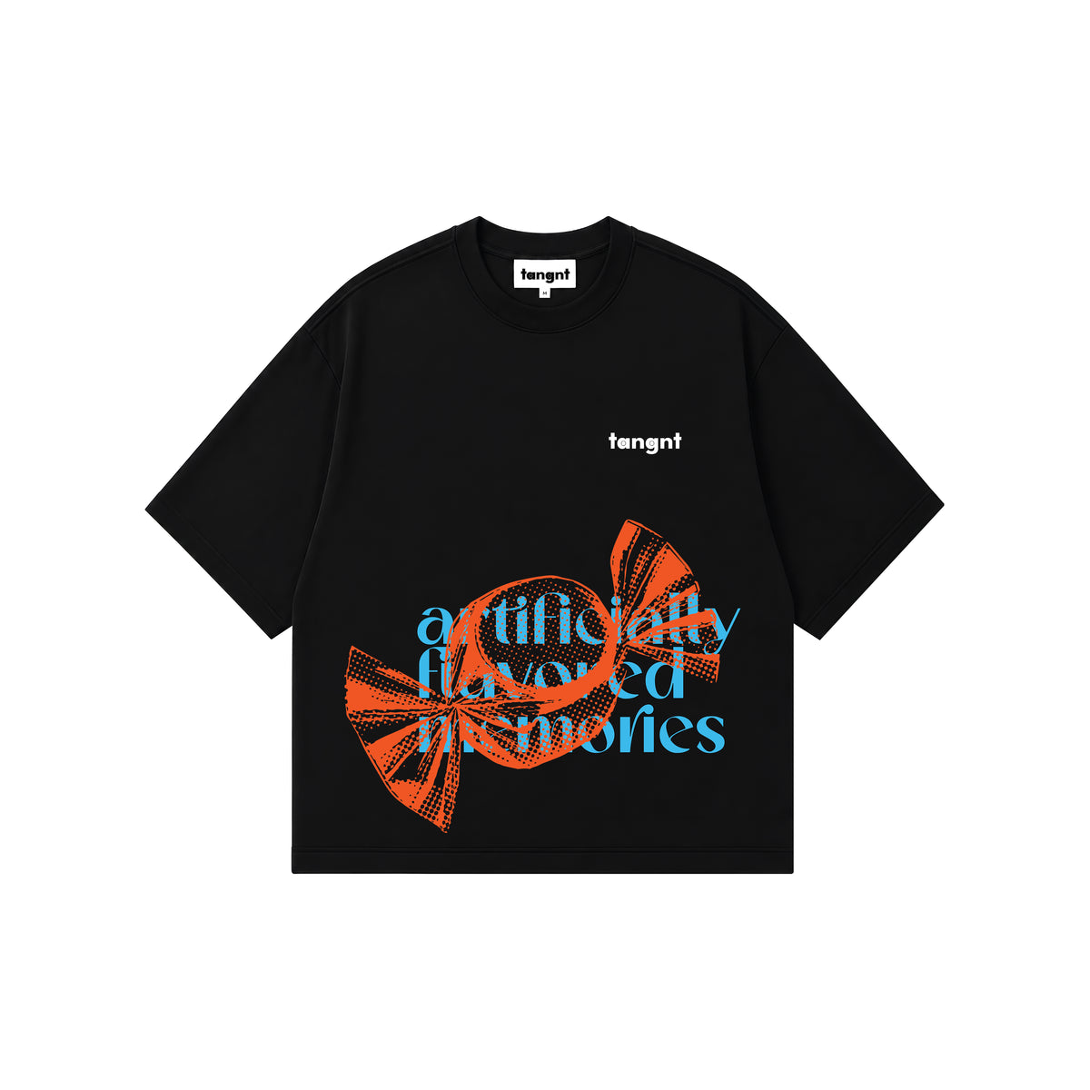 A black short-sleeve t-shirt by tangnt, featuring a graphic print of an orange striped candy and blue text reading 'artificially flavored memories' on the front, with a small black 'tangnt' logo on the chest.