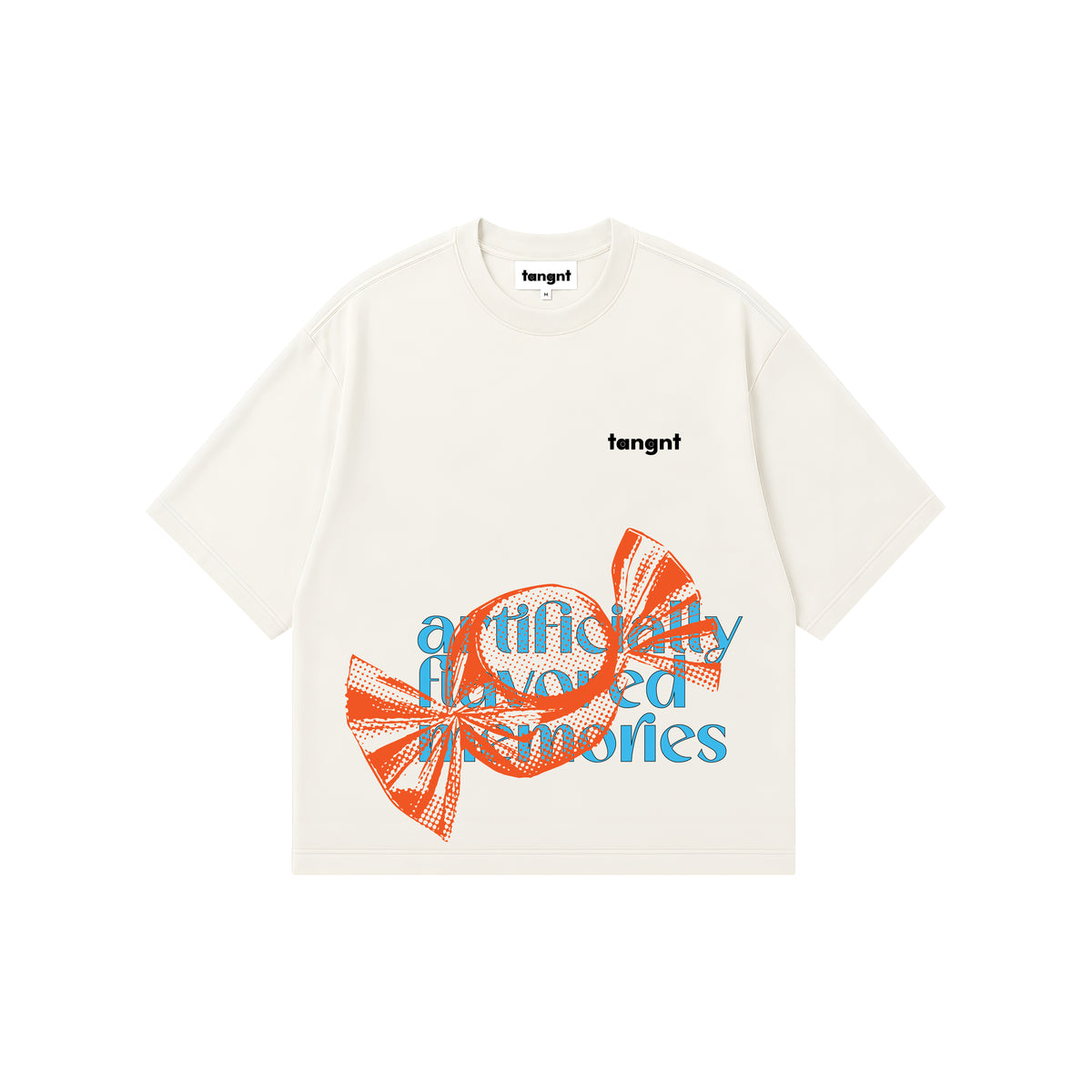 An off-white short-sleeve t-shirt by tangnt, featuring a graphic print of an orange striped candy and blue text reading 'artificially flavored memories' on the front, with a small black 'tangnt' logo on the chest.