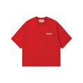 A red short-sleeve round neck t-shirt with a small white 'tangnt' logo printed on the left chest, displayed flat against a solid white background.