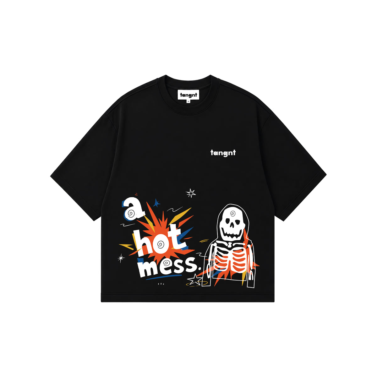A black short-sleeve t-shirt with a colorful graphic print on the front featuring the text 'a hot mess.' in a comic-style font, a cartoon skeleton, and small star details.