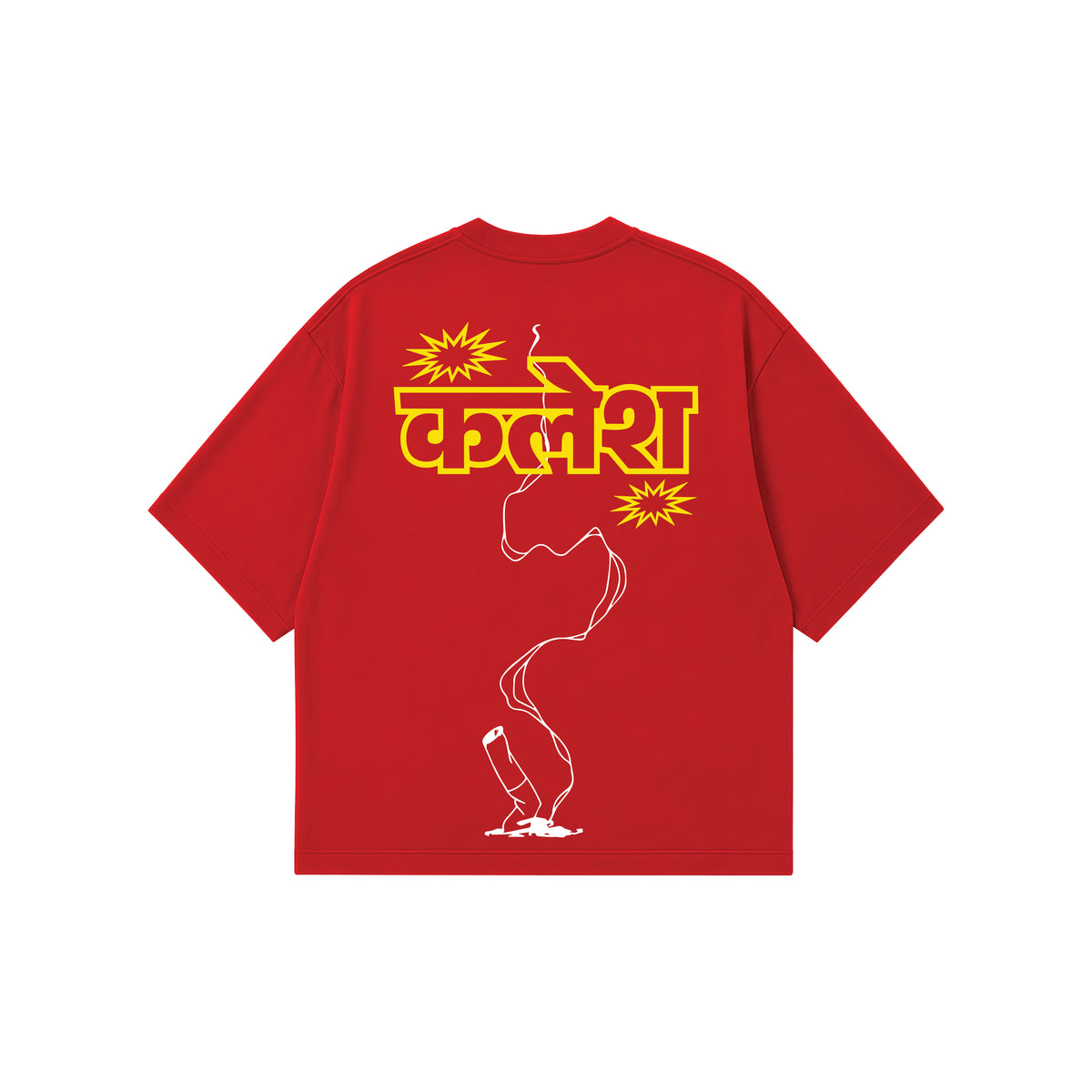 A red short-sleeve t-shirt with a graphic print on the back. The print features the Hindi word 'kalesh' in bold yellow letters, flanked by yellow starburst shapes, with a white outline of a lit cigarette running vertically down to a small white flame at the bottom.