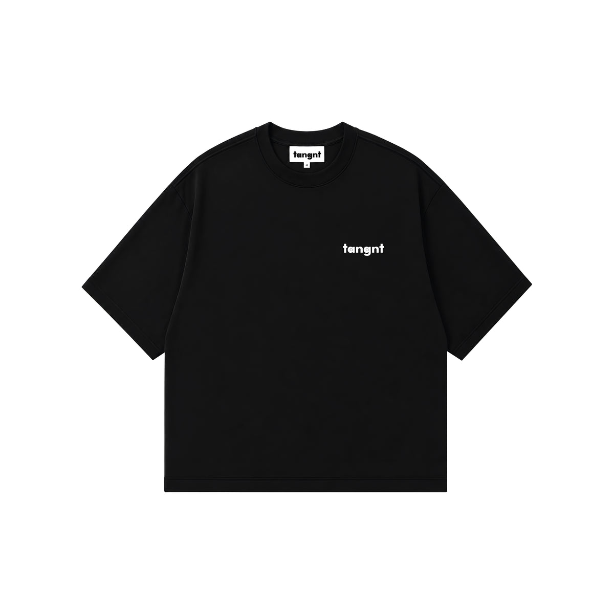 A black short-sleeve round neck t-shirt with a small white 'tangnt' logo printed on the left chest, displayed flat against a solid white background.