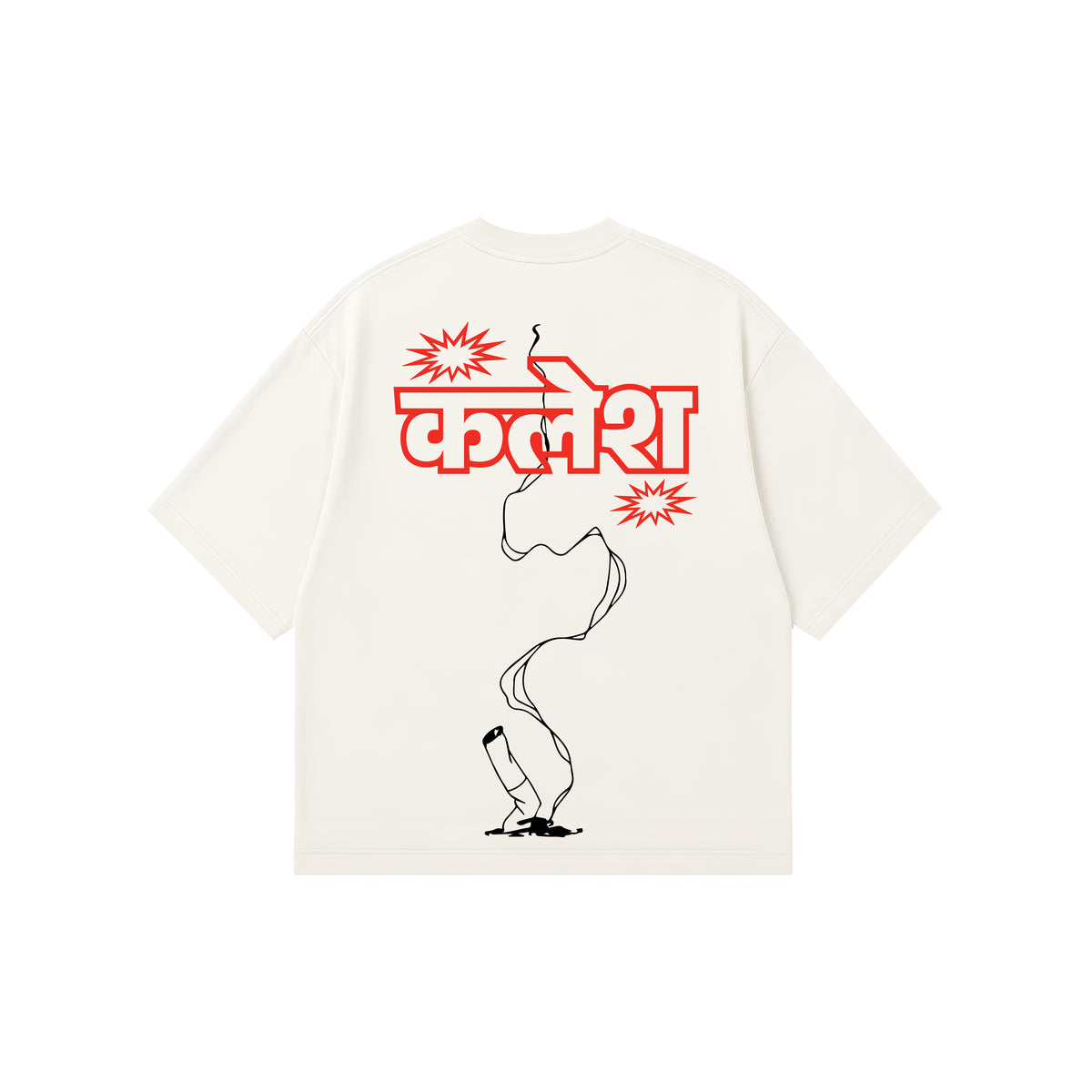 An off-white short-sleeve t-shirt with a graphic print on the back. The print features the Hindi word 'kalesh' in bold yellow letters, flanked by yellow starburst shapes, with a white outline of a lit cigarette running vertically down to a small white flame at the bottom.