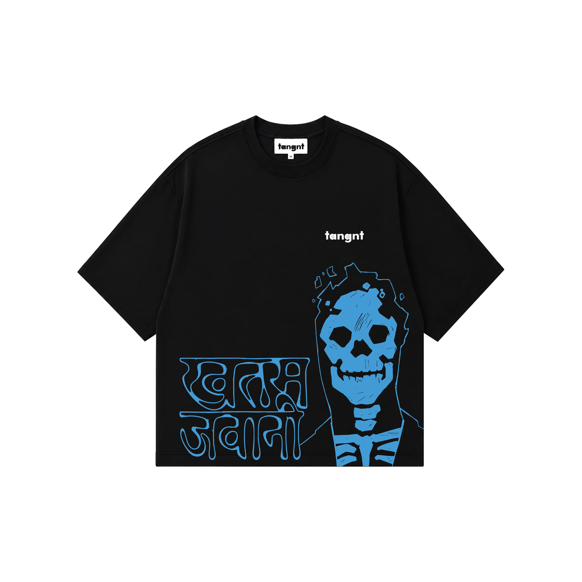 A black short-sleeve t-shirt by tangnt, featuring a blue graphic print of a skull and the words 'khatam jawani' on the front, with a small black 'tangnt' logo on the chest.
