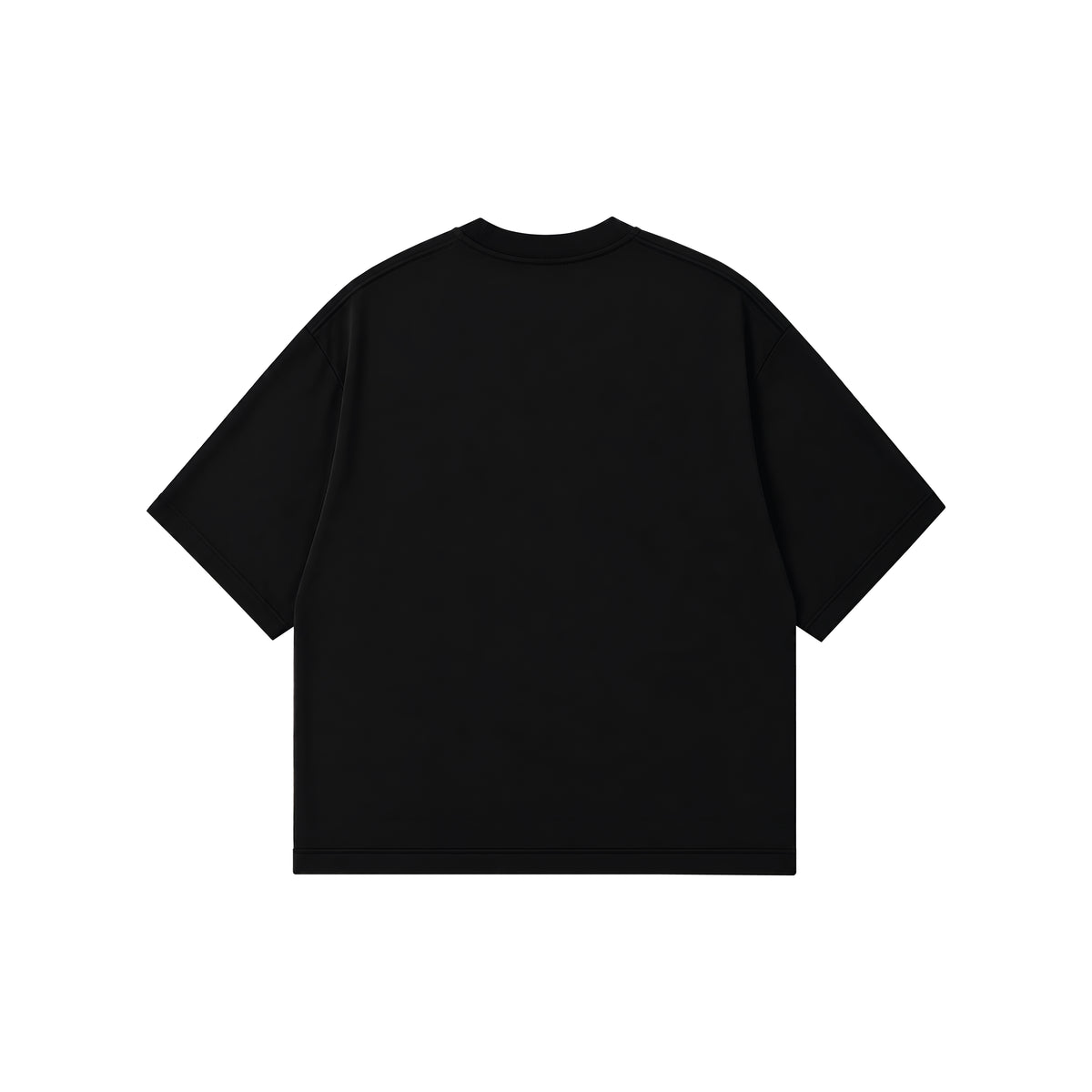 A plain black short-sleeve t-shirt shown from the back, laid flat against a solid white background.
