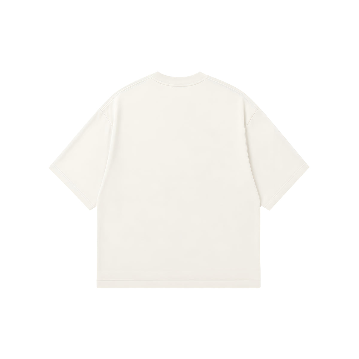 A plain off-white short-sleeve t-shirt shown from the back, laid flat against a solid white background.