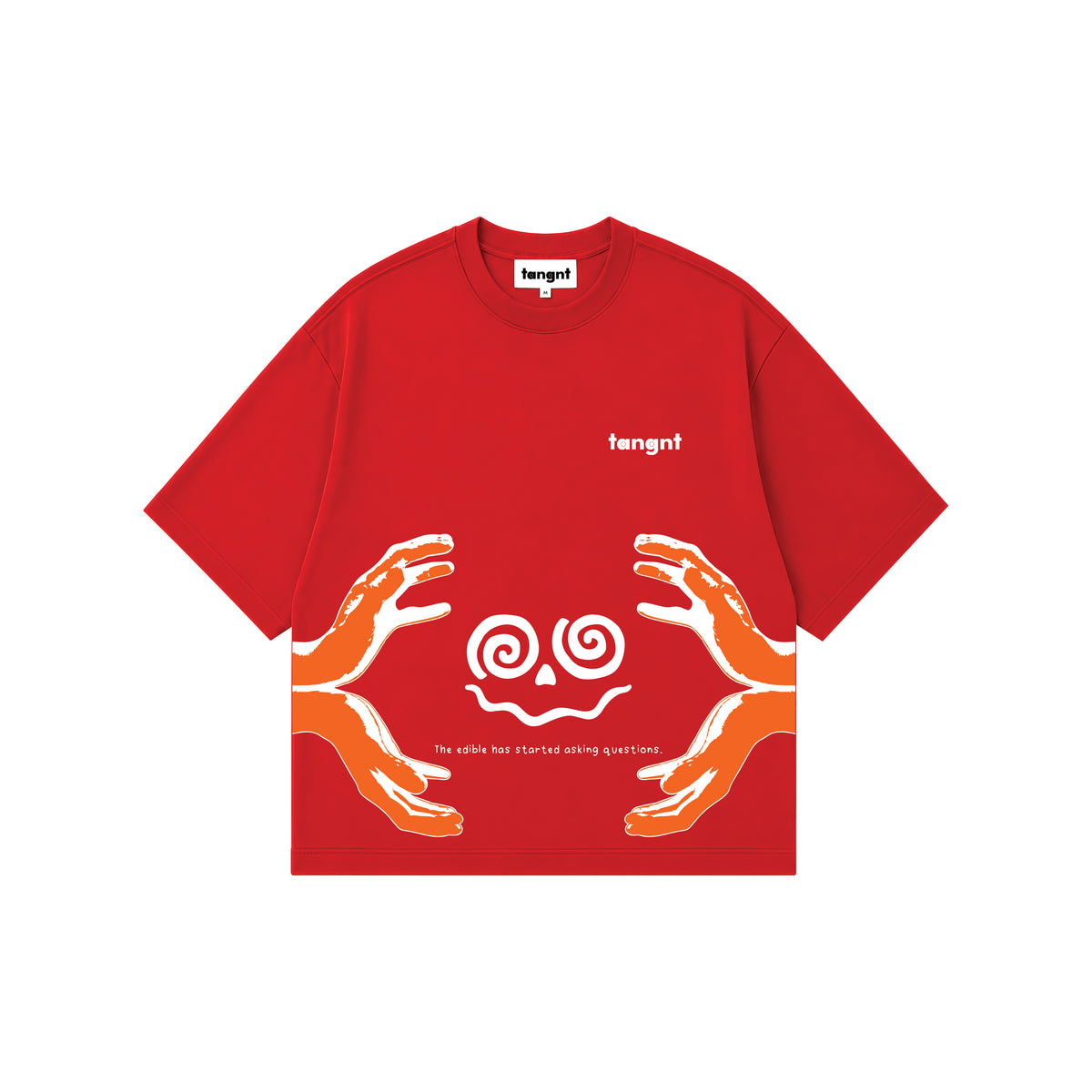 A red short-sleeve t-shirt with a graphic design featuring two orange hands reaching toward white spiral shaped face, with the text saying "the edibles has started asking questions" and brand name 'tangnt' printed on the chest.