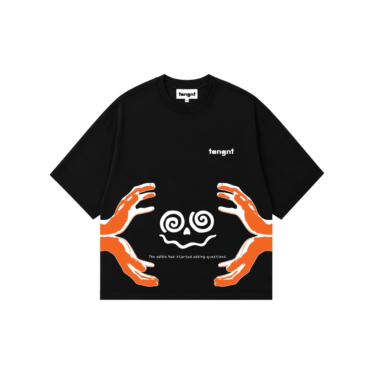 A black short-sleeve t-shirt with a graphic design featuring two orange hands reaching toward white spiral shaped face, with the text saying "the edibles has started asking questions" and brand name 'tangnt' printed on the chest.