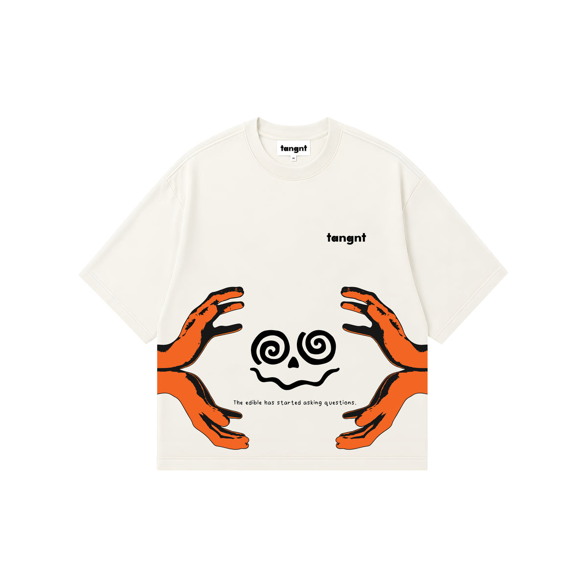 An off-white short-sleeve t-shirt with a graphic design featuring two orange hands reaching toward black spiral shaped face, with the text saying "the edibles has started asking questions" and brand name 'tangnt' printed on the chest.