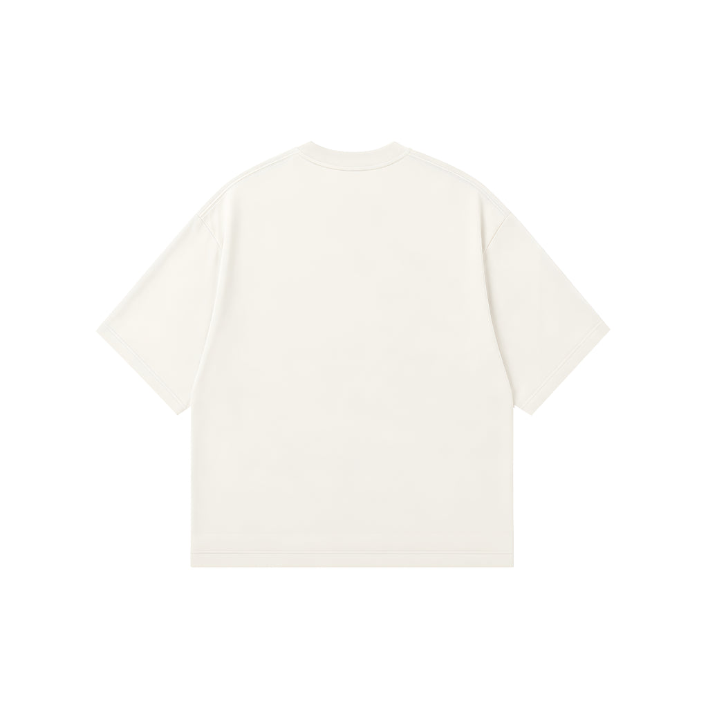 A plain off-white short-sleeve round neck t-shirt shown from the back, centered on a solid white background.