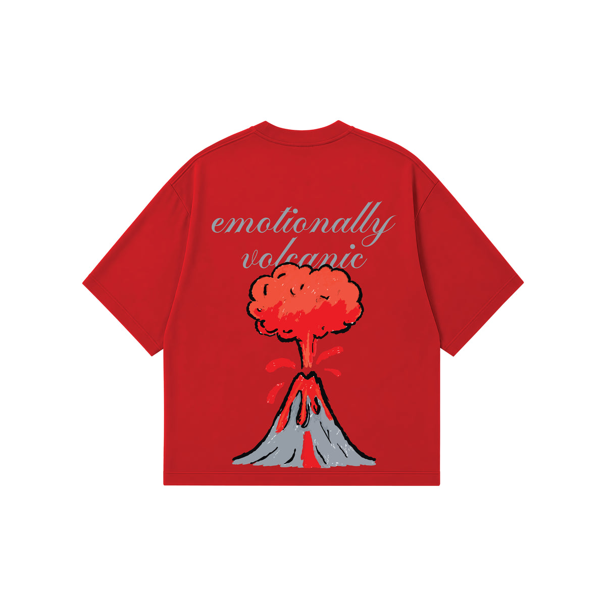 A red short-sleeve t-shirt with a graphic of an erupting volcano and the text 'emotionally volcanic' in grey script, displayed on a solid white background.