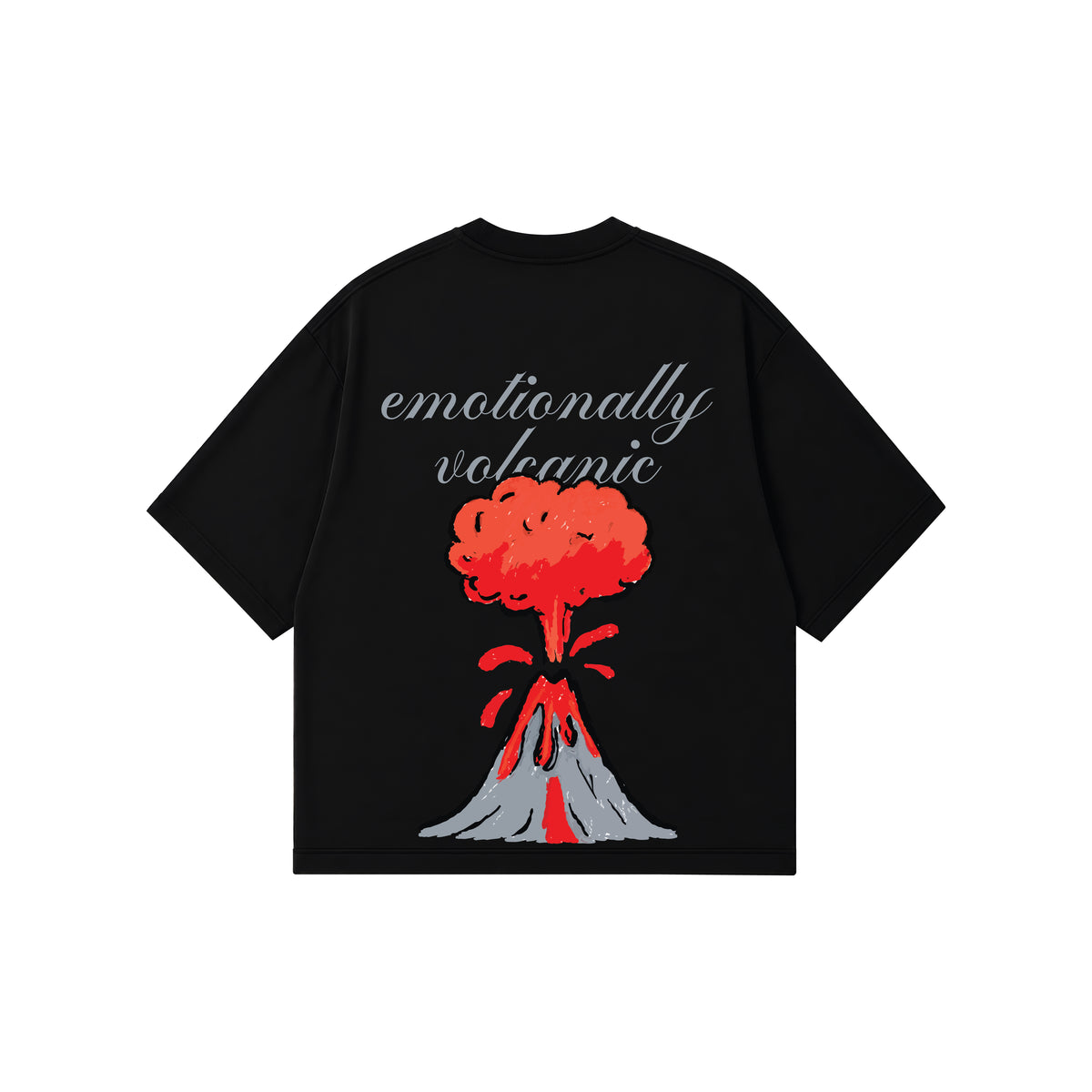 A black short-sleeve t-shirt with a graphic of an erupting volcano and the text 'emotionally volcanic' in grey script, displayed on a solid white background.