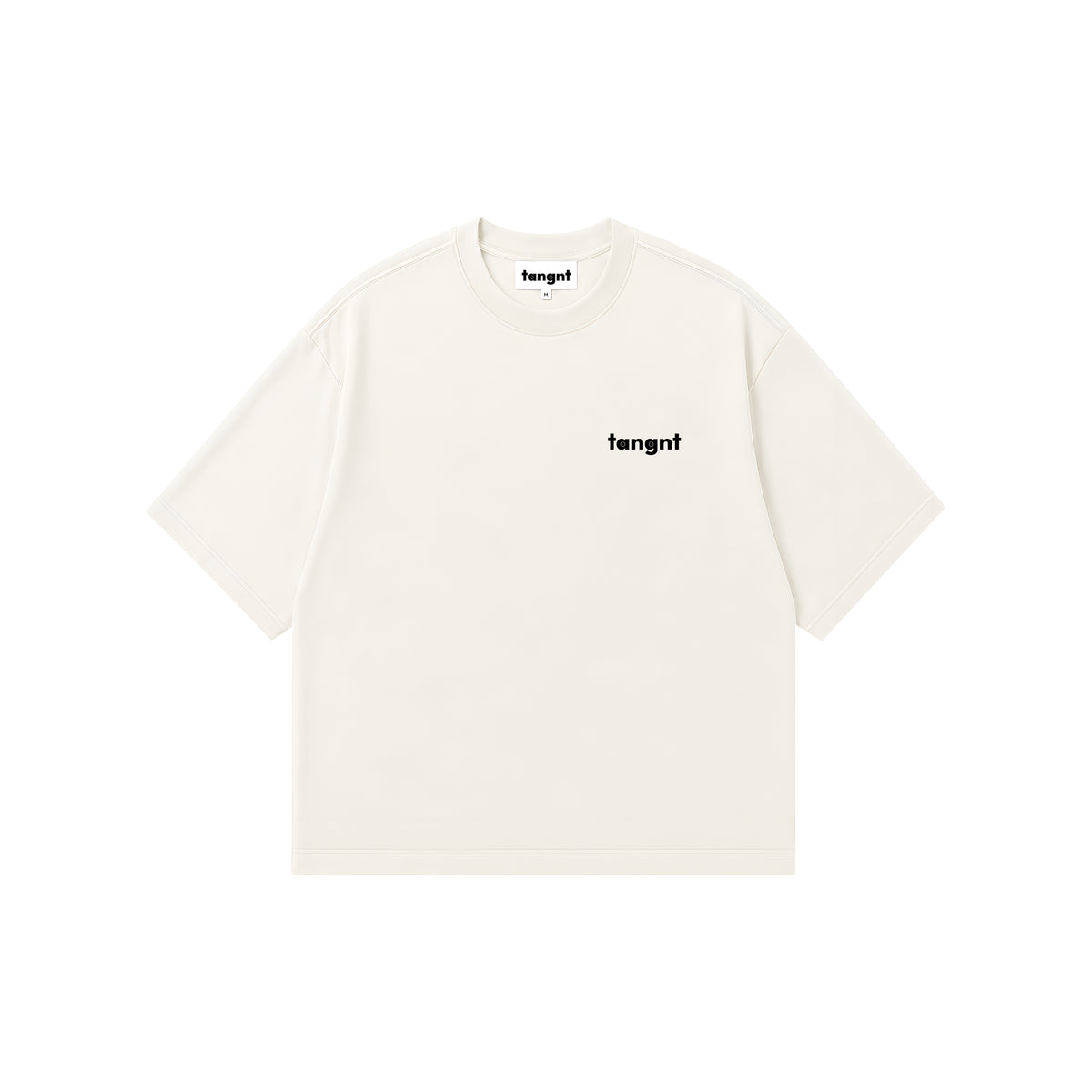 An off-white short-sleeve round neck t-shirt with a small white 'tangnt' logo printed on the left chest, displayed flat against a solid white background.
