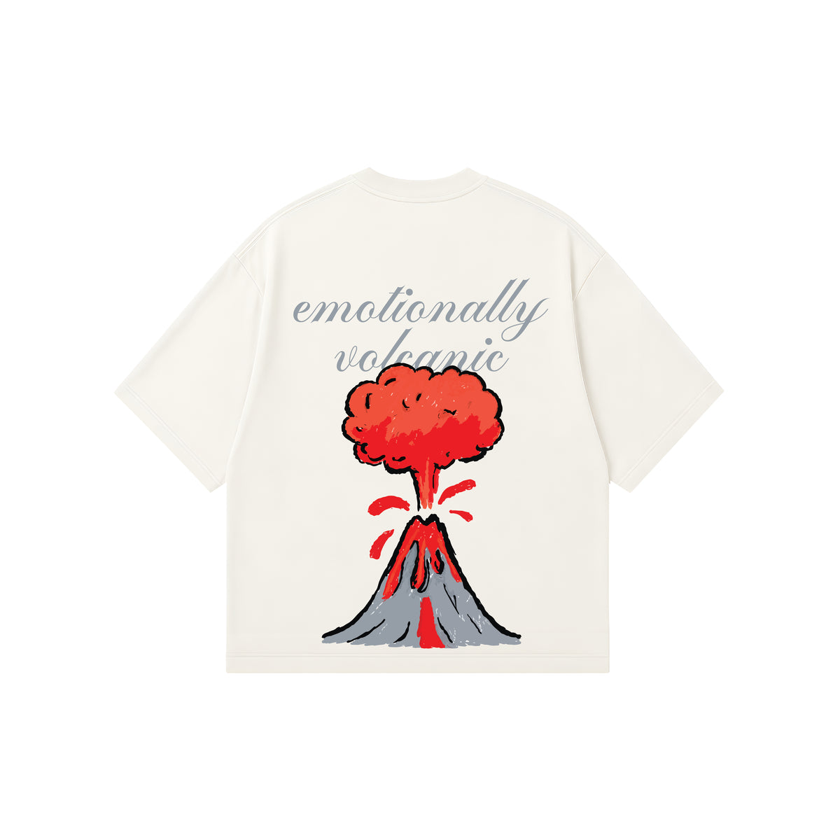 An off-white short-sleeve t-shirt with a graphic of an erupting volcano and the text 'emotionally volcanic' in grey script, displayed on a solid white background.