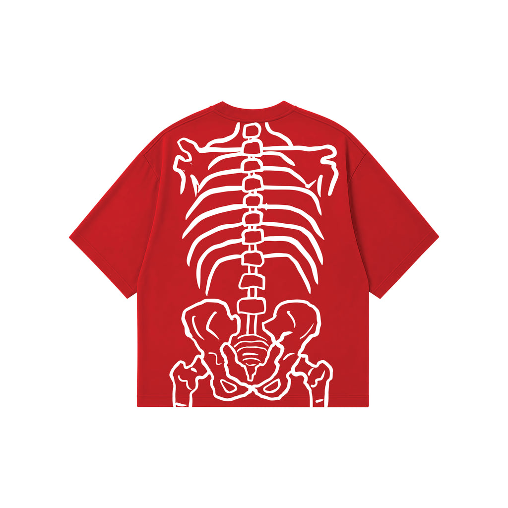 A red short-sleeve t-shirt with a large white line-art graphic of a human rib cage and pelvis on the back, shown against a plain white background.