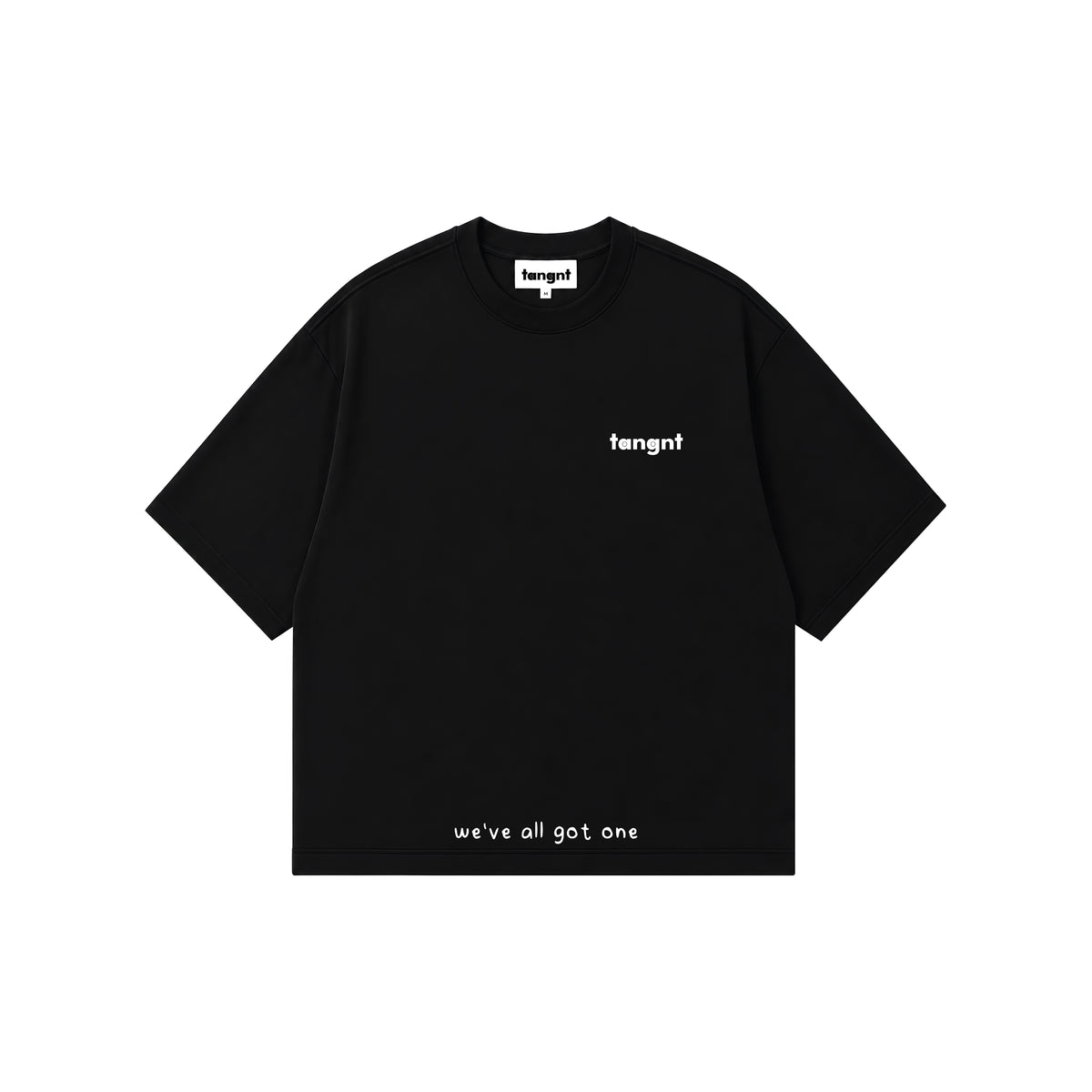 A black short-sleeve t-shirt with white text, featuring the brand name 'tangnt' on the left chest and 'we've all got one' printed near the bottom hem, displayed on a solid white background.