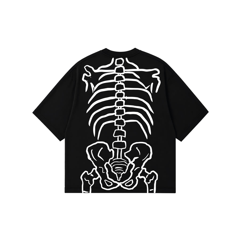 A black short-sleeve t-shirt with a large white line-art graphic of a human rib cage and pelvis on the front, shown against a plain white background.