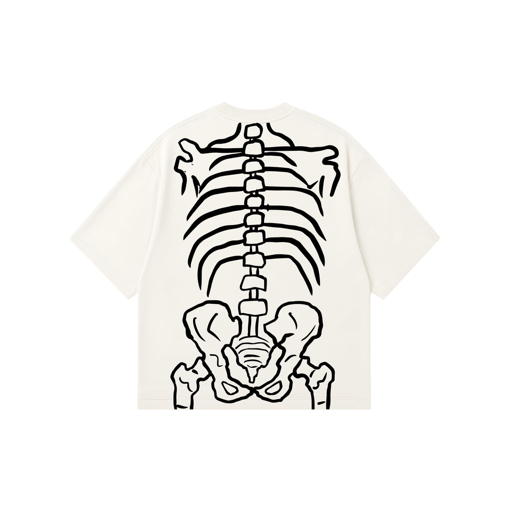 An off-white short-sleeve t-shirt with a large black line-art graphic of a human skeleton (spine, ribs, pelvis, and femur) printed on the back, shown against a plain white background.