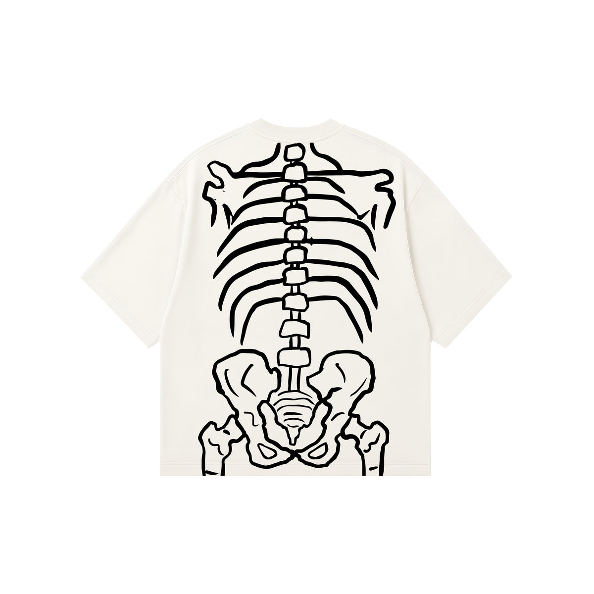 An off-white short-sleeve t-shirt with a large black line-art graphic of a human skeleton (spine, ribs, pelvis, and femur) printed on the back, shown against a plain white background.